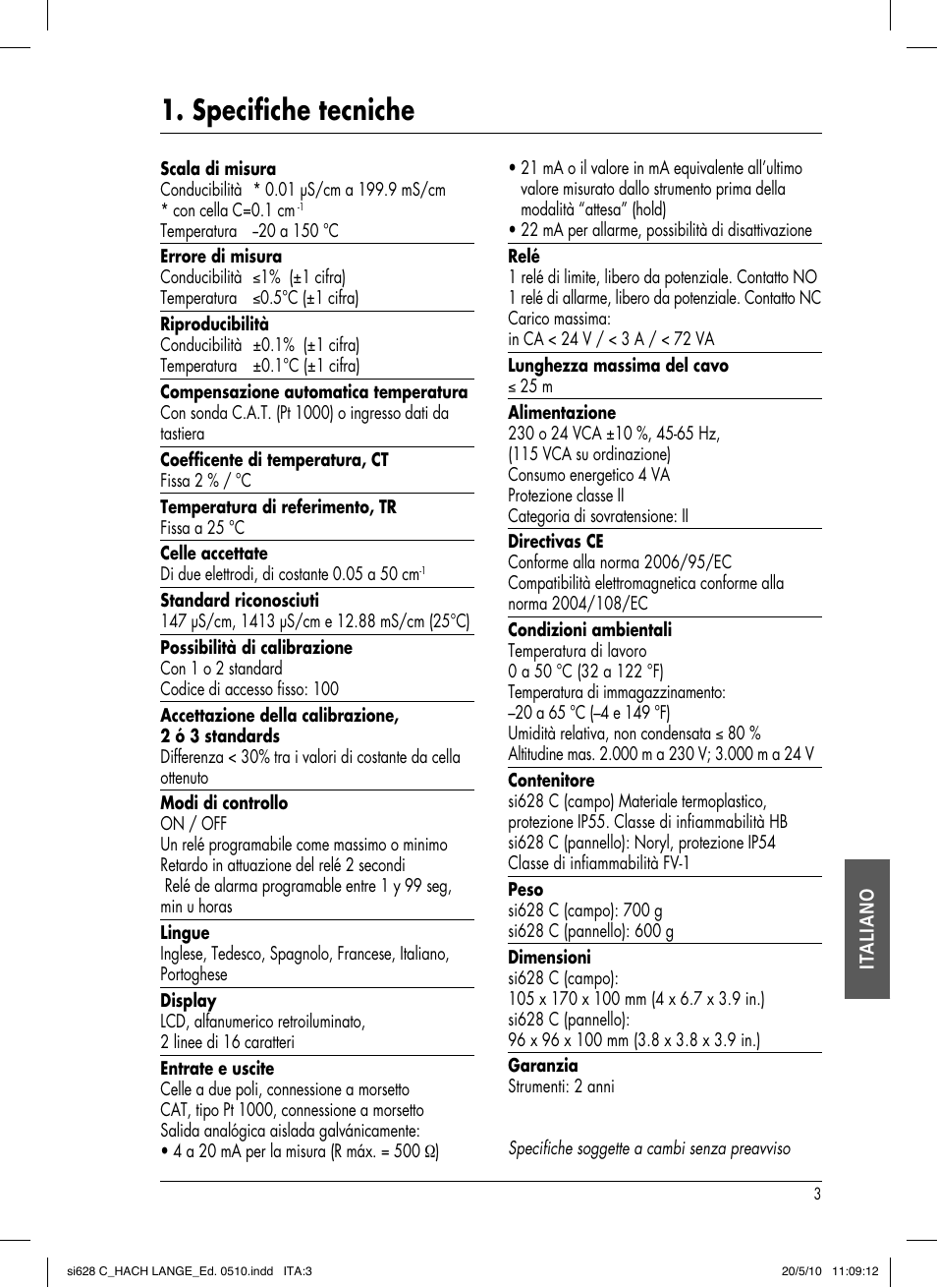 Specifiche tecniche, It aliano | Hach-Lange SI628 C User Manual | Page 103 / 127
