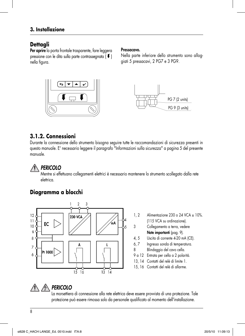 Diagramma a blocchi, Pericolo, Connessioni | Dettagli | Hach-Lange SI628 C User Manual | Page 108 / 127