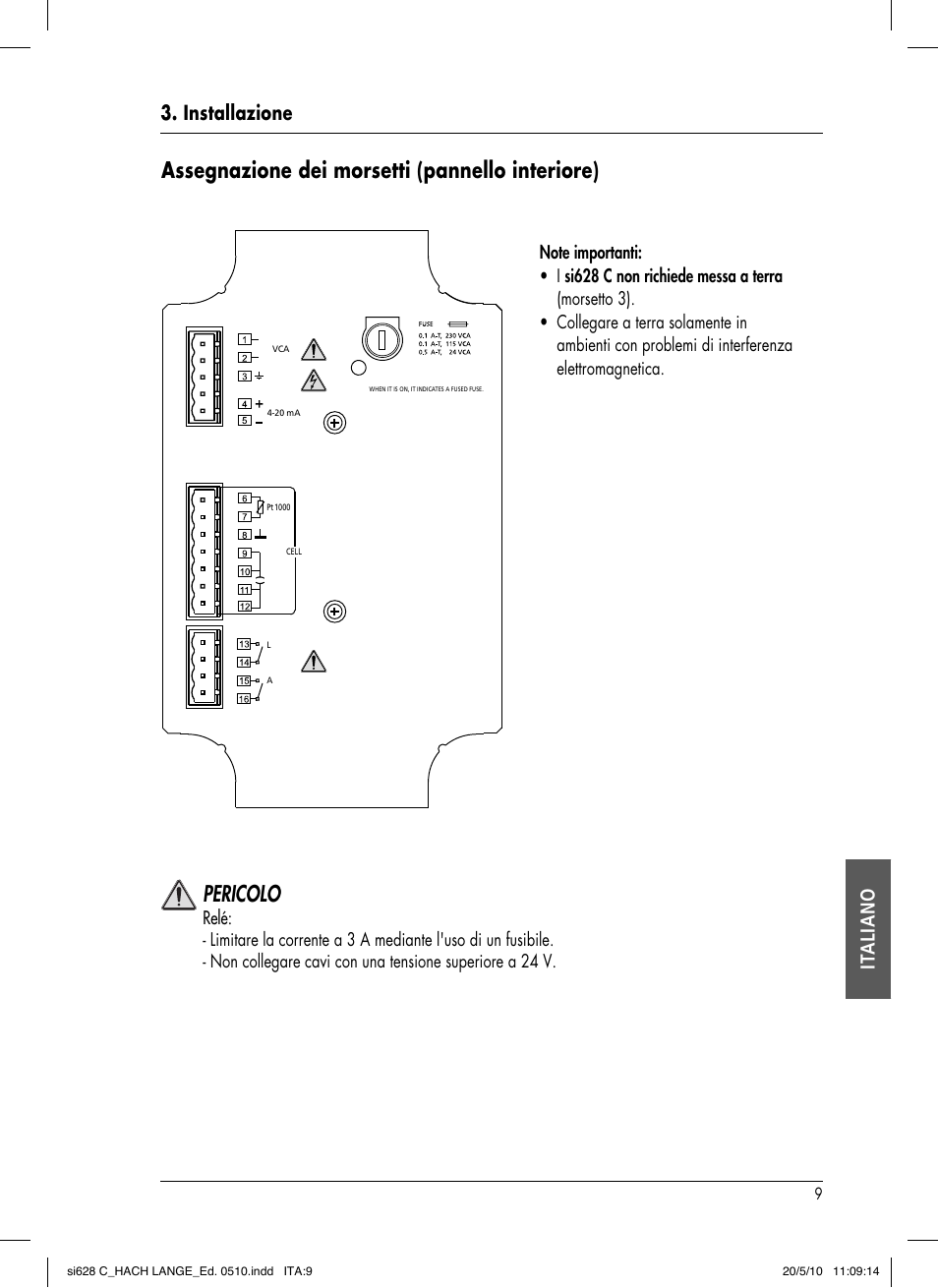 Assegnazione dei morsetti (pannello interiore), Pericolo, Installazione it aliano | Hach-Lange SI628 C User Manual | Page 109 / 127