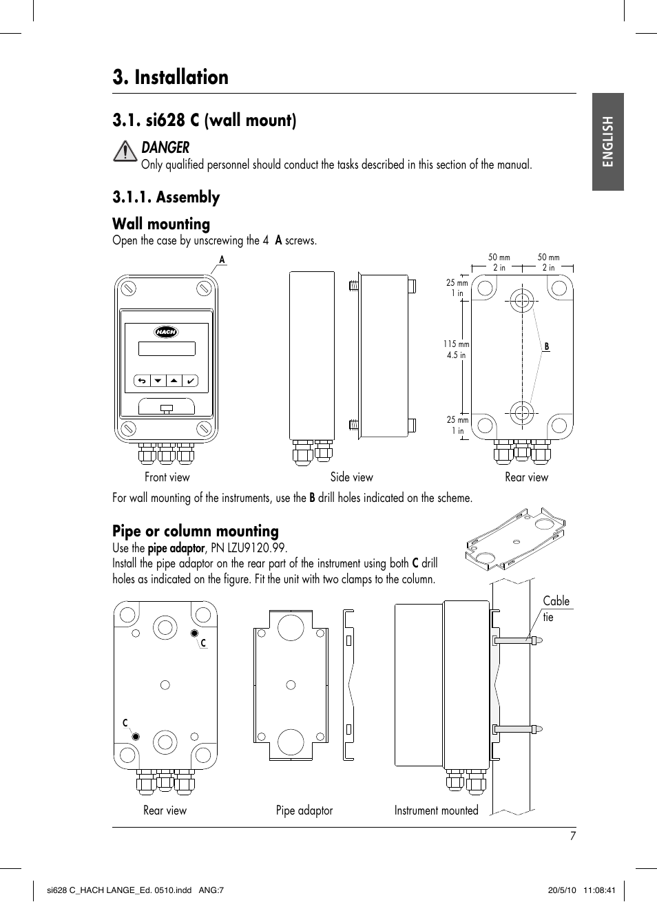 Installation, Si628 c (wall mount), Danger | Assembly wall mounting, Pipe or column mounting, English | Hach-Lange SI628 C User Manual | Page 11 / 127