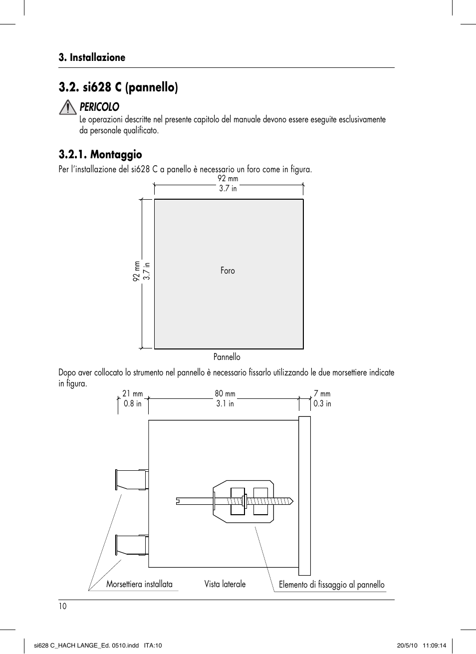 Si628 c ( pannello), Pericolo, Montaggio | Hach-Lange SI628 C User Manual | Page 110 / 127