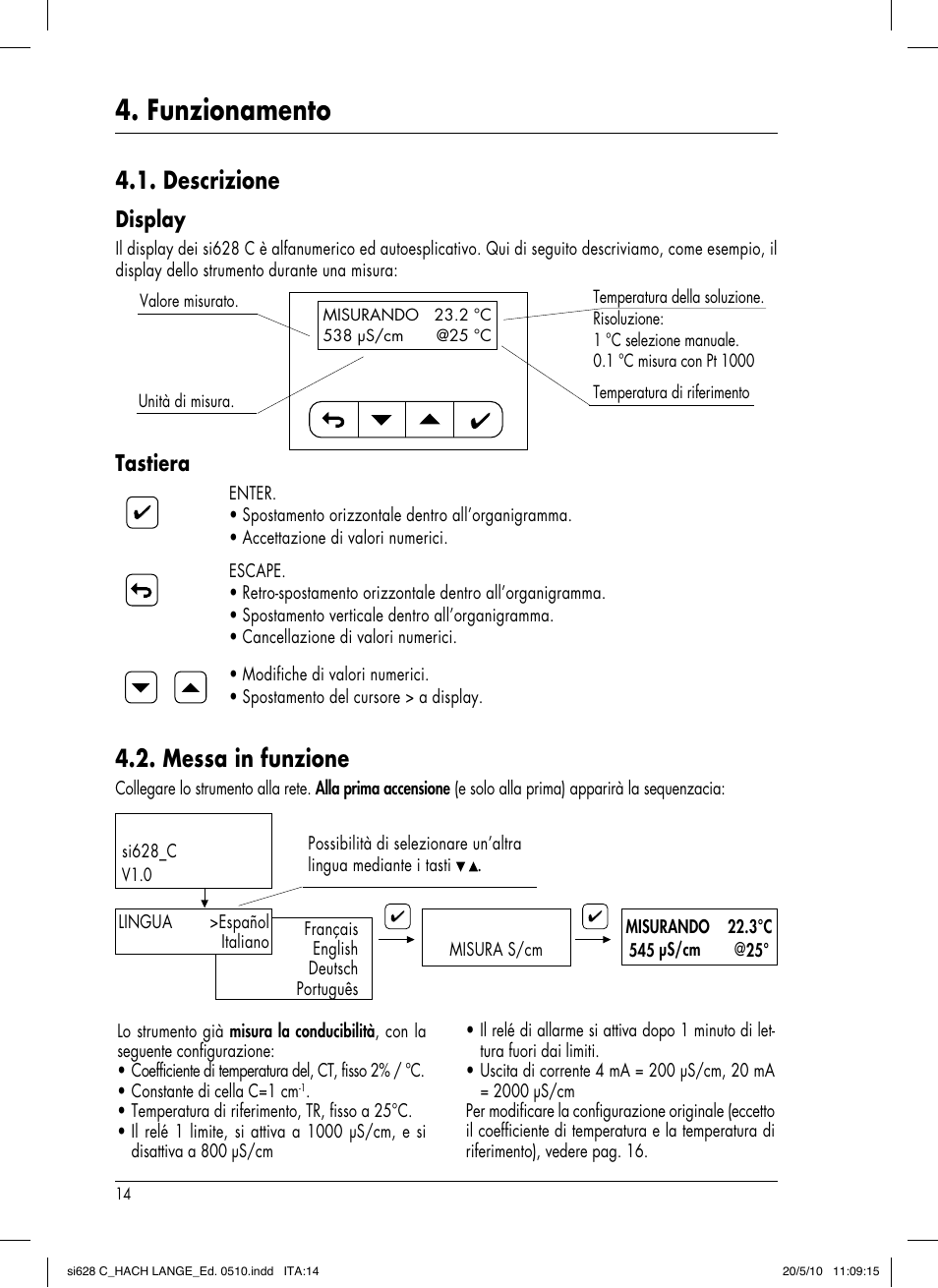 Funzionamento, Descrizione, Messa in funzione | Display, Tastiera | Hach-Lange SI628 C User Manual | Page 114 / 127