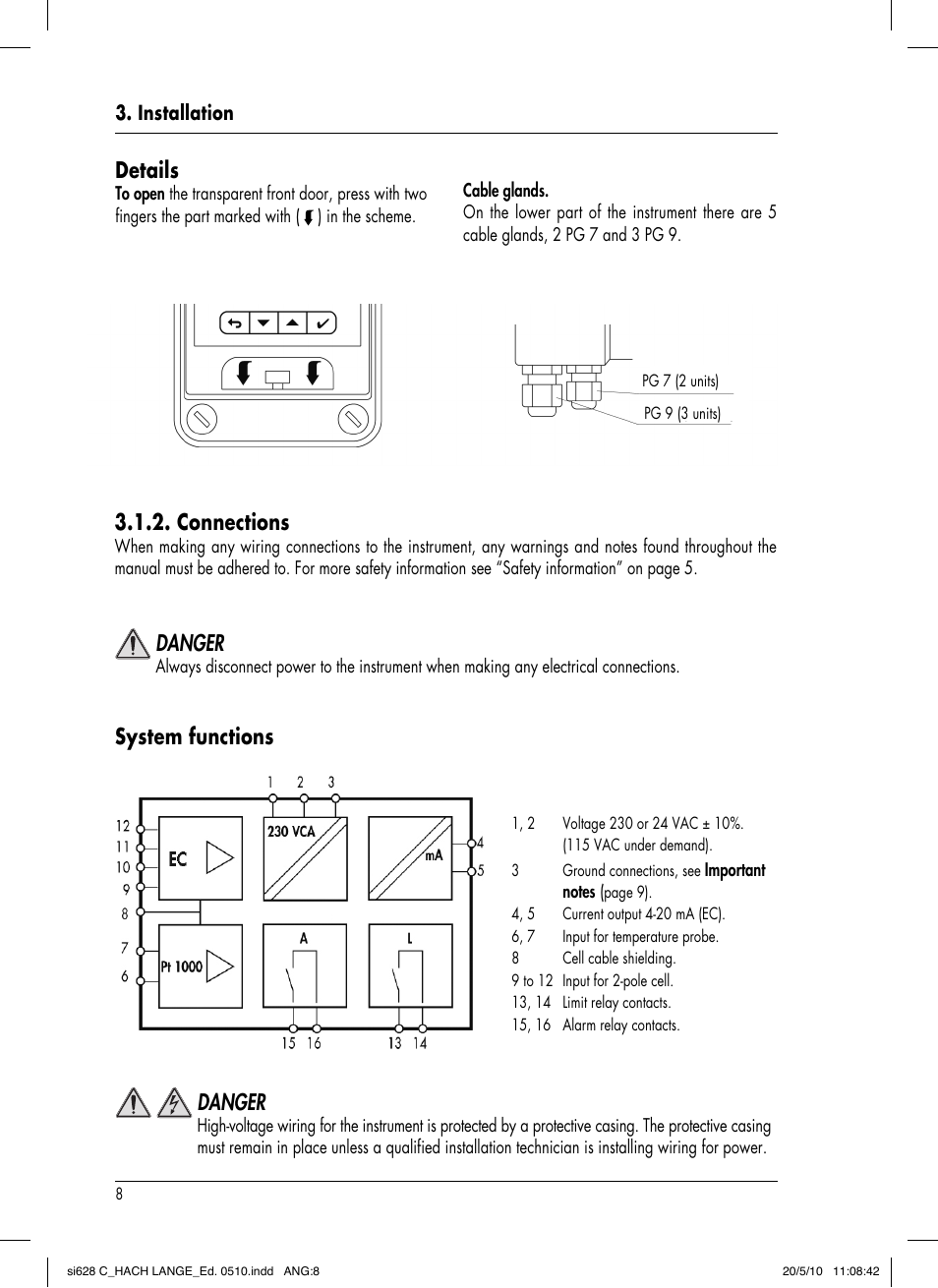 System functions, Danger, Connections | Details | Hach-Lange SI628 C User Manual | Page 12 / 127