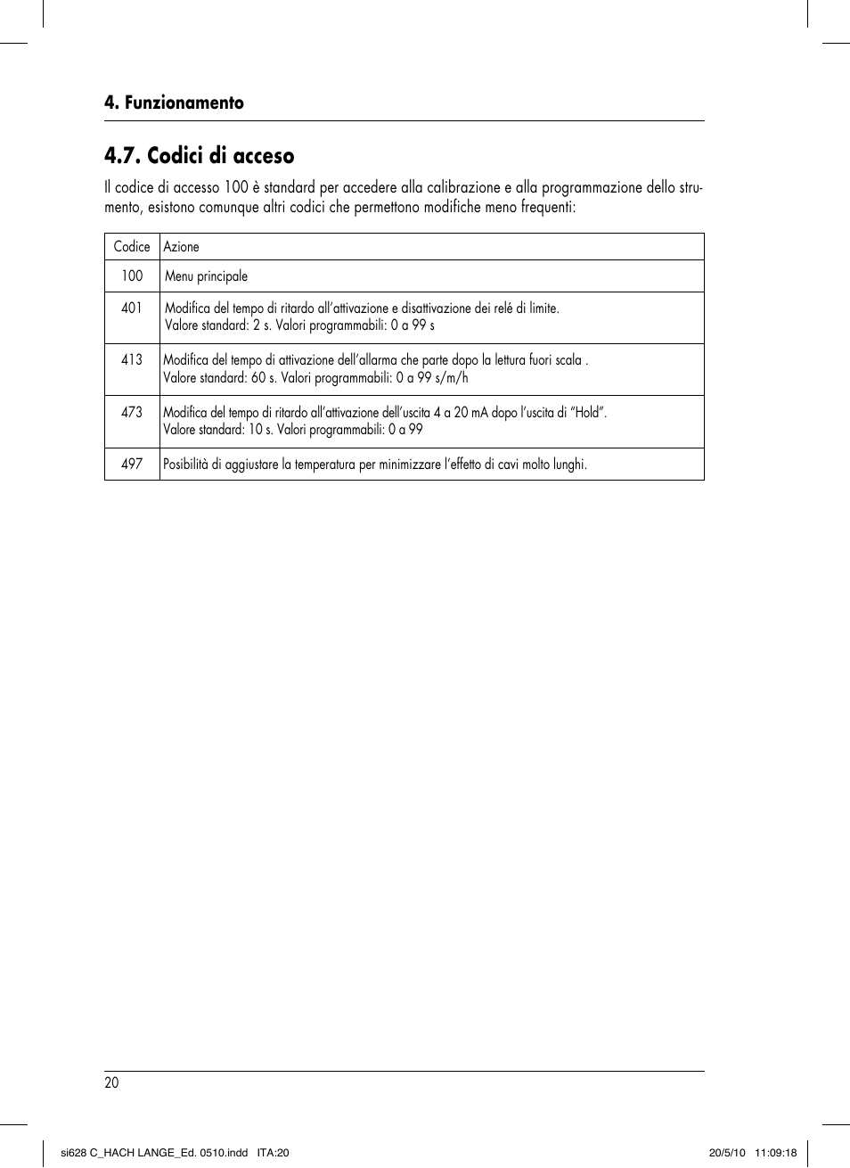 Codici di acceso, Funzionamento | Hach-Lange SI628 C User Manual | Page 120 / 127