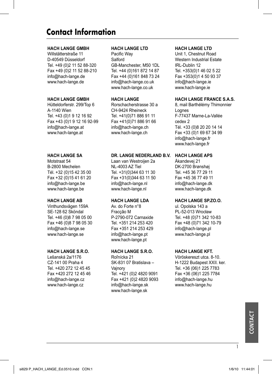 Contact information, Cont act | Hach-Lange SI628 C User Manual | Page 125 / 127
