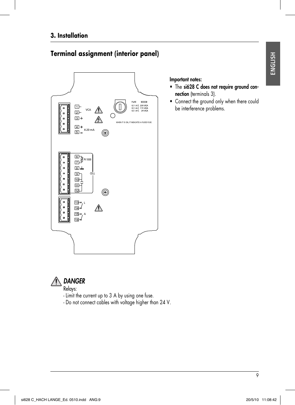 Terminal assignment (interior panel), Danger, Installation english | Hach-Lange SI628 C User Manual | Page 13 / 127