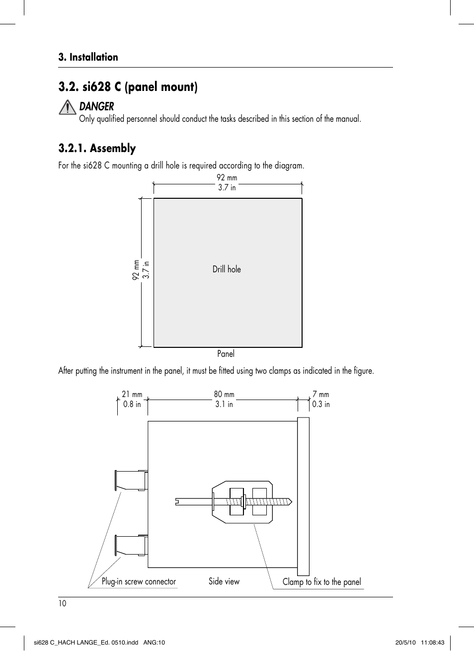 Si628 c (panel mount), Danger, Assembly | Hach-Lange SI628 C User Manual | Page 14 / 127