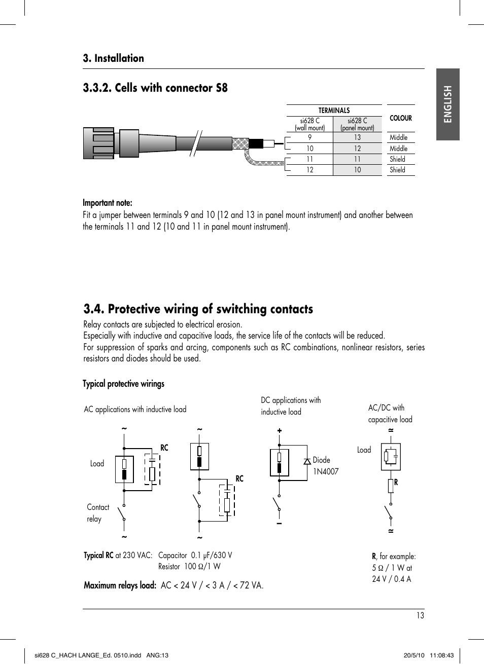 Protective wiring of switching contacts, Cells with connector s8, Installation english | Hach-Lange SI628 C User Manual | Page 17 / 127