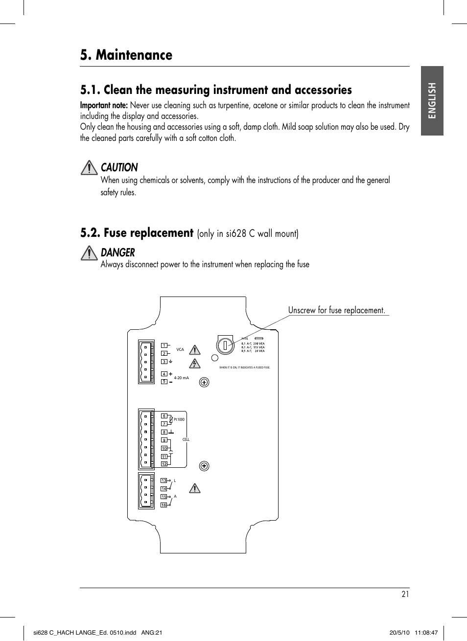 Maintenance, Clean the measuring instrument and accessories, Fuse replacement | Caution, Danger, English, Only in si628 c wall mount) | Hach-Lange SI628 C User Manual | Page 25 / 127