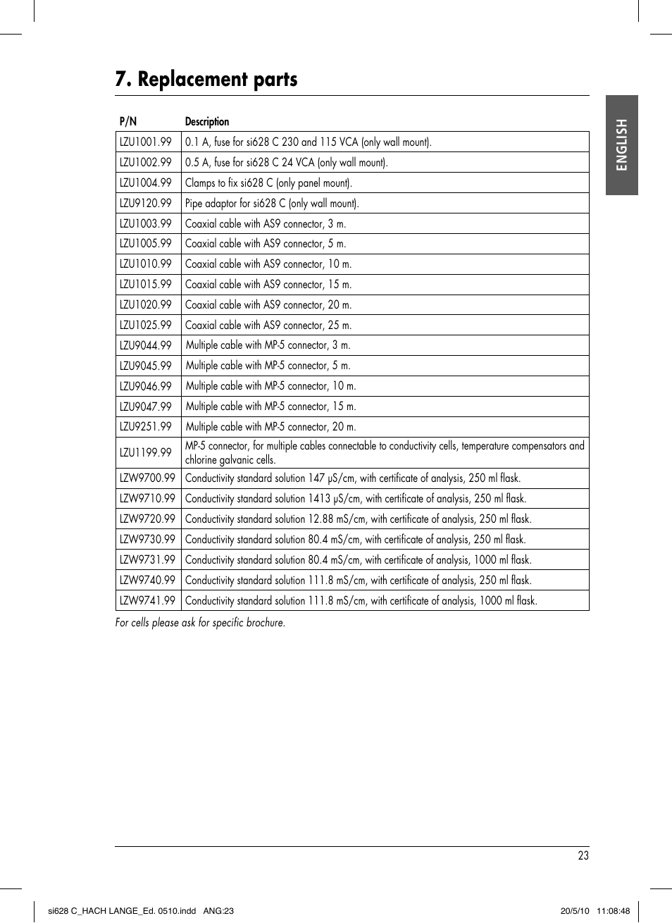 Replacement parts, English | Hach-Lange SI628 C User Manual | Page 27 / 127