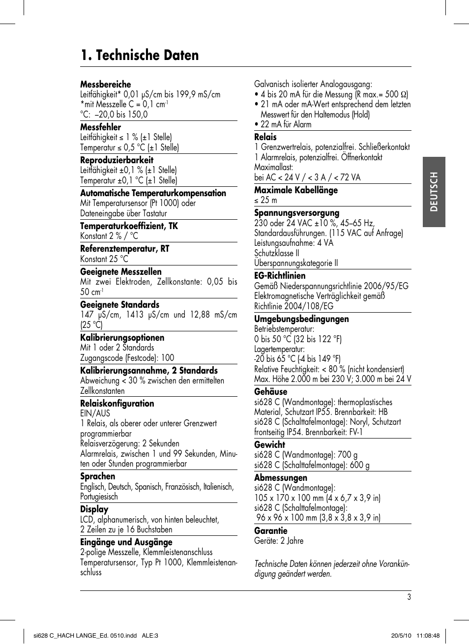 Technische daten, Deutsch | Hach-Lange SI628 C User Manual | Page 31 / 127