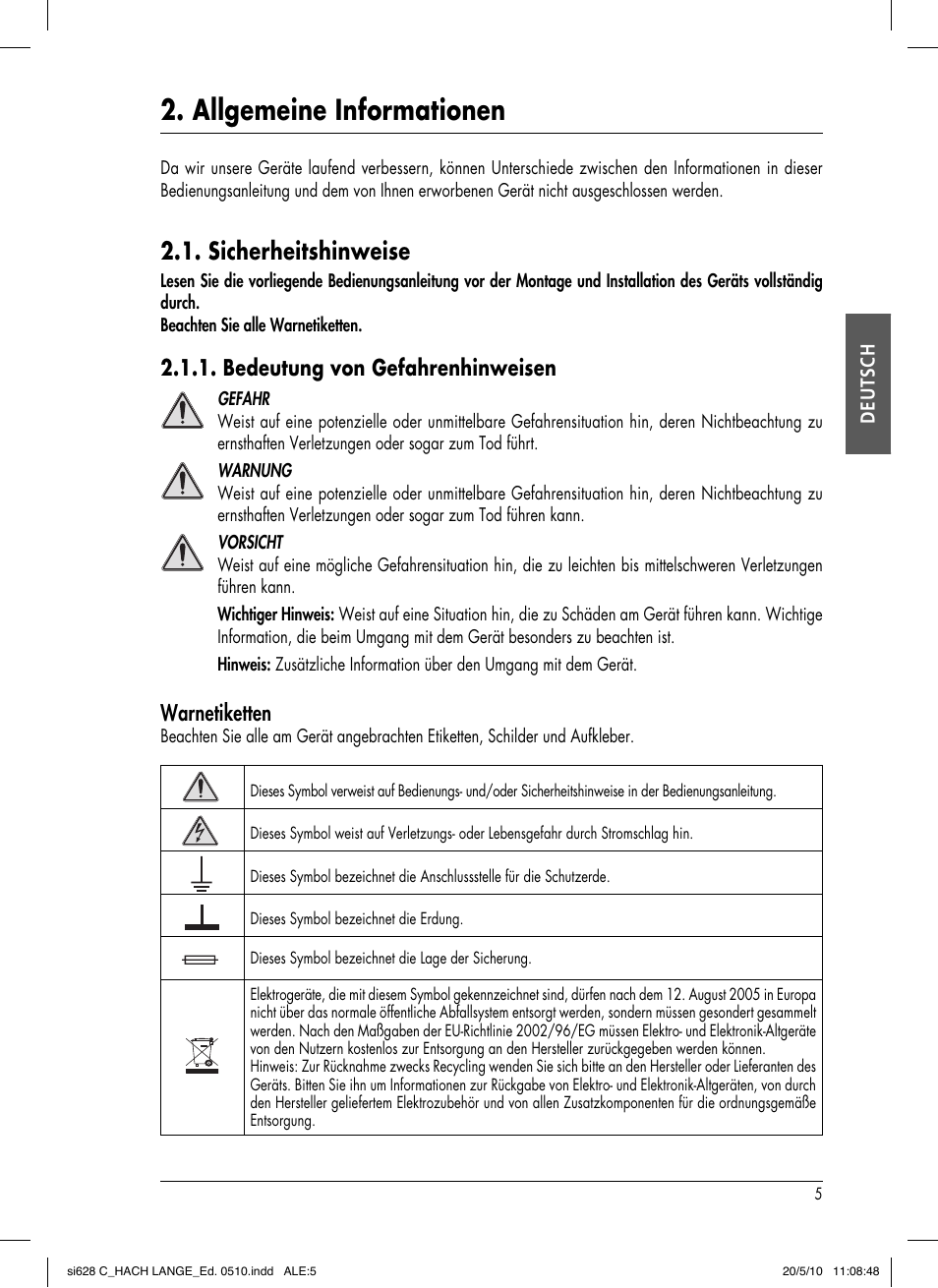 Allgemeine informationen, Sicherheitshinweise, Bedeutung von gefahrenhinweisen | Warnetiketten | Hach-Lange SI628 C User Manual | Page 33 / 127