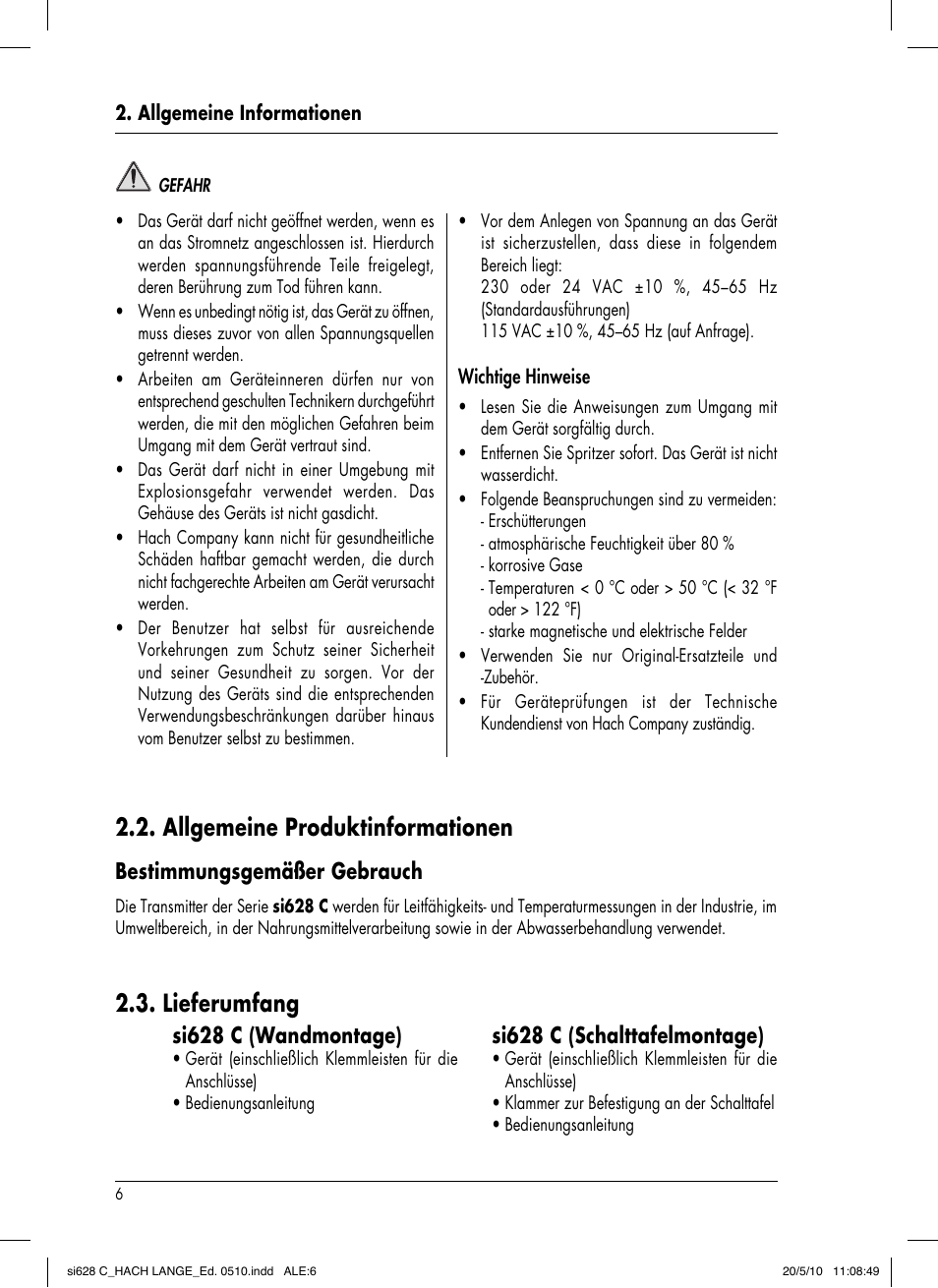 Lieferumfang, Allgemeine produktinformationen, Si628 c (wandmontage) | Si628 c (schalttafelmontage), Bestimmungsgemäßer gebrauch | Hach-Lange SI628 C User Manual | Page 34 / 127