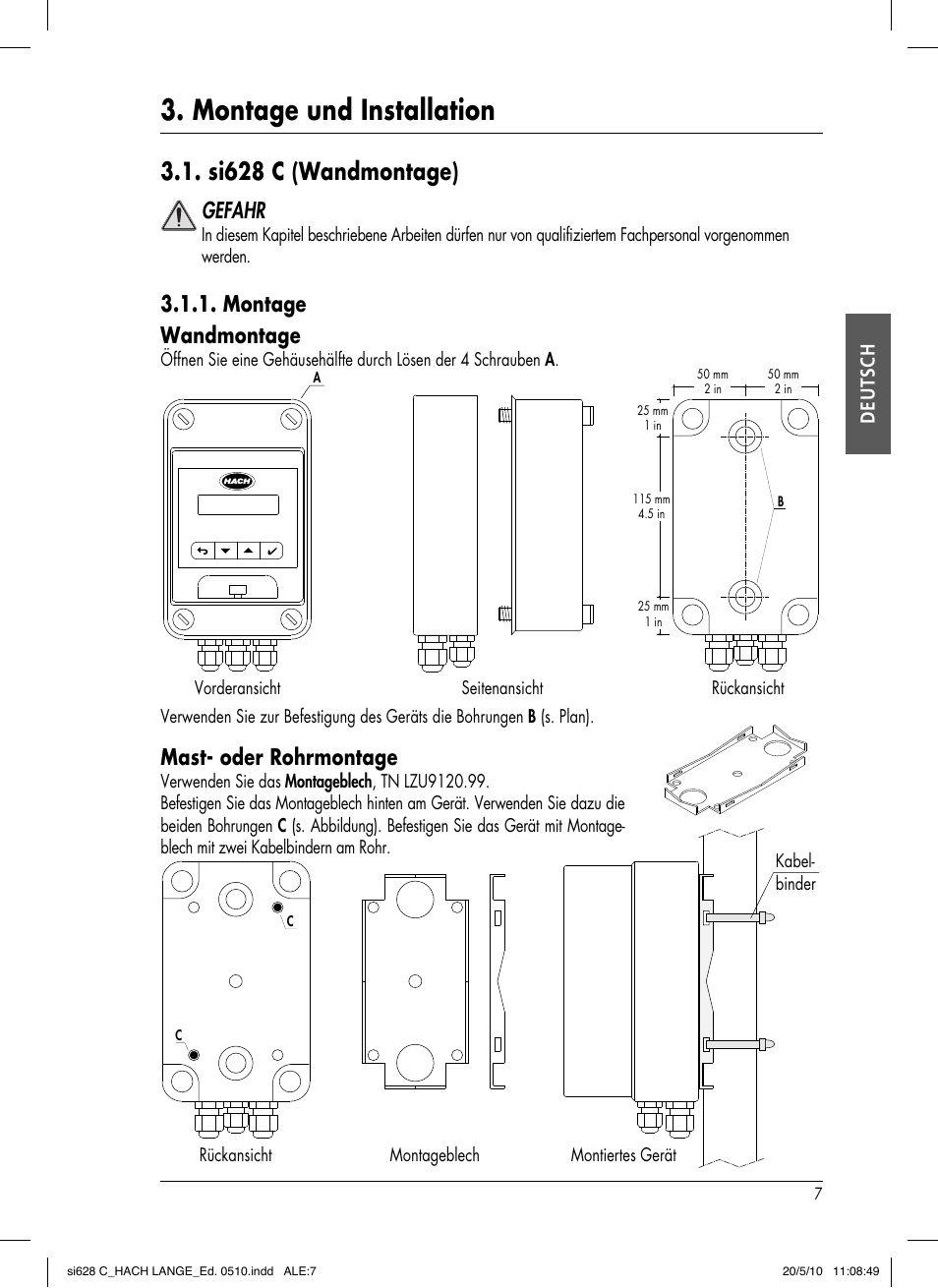 Montage und installation, Si628 c (wandmontage), Gefahr | Montage wandmontage, Mast- oder rohrmontage, Deutsch | Hach-Lange SI628 C User Manual | Page 35 / 127