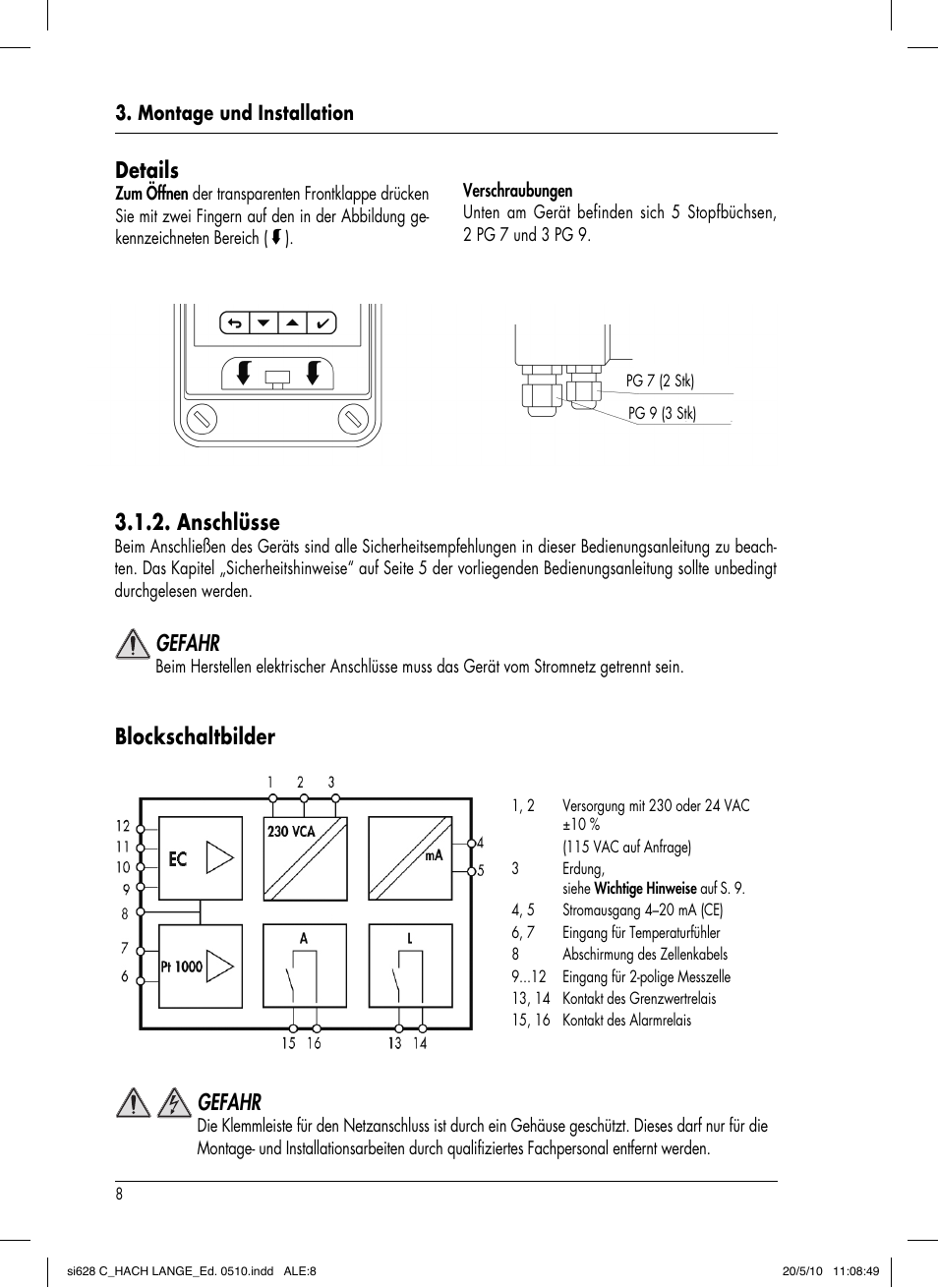 Blockschaltbilder, Gefahr, Anschlüsse | Details | Hach-Lange SI628 C User Manual | Page 36 / 127