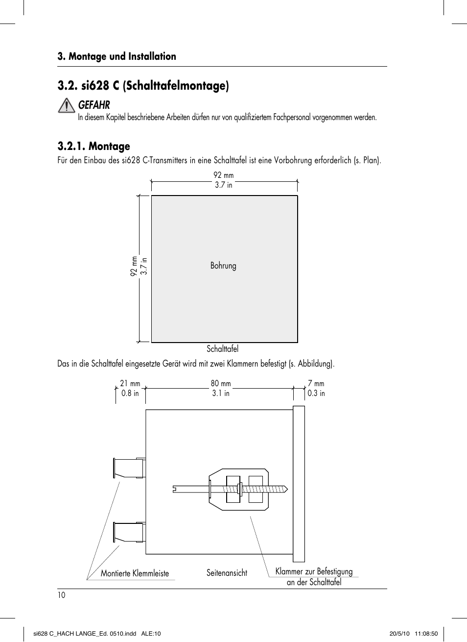 Si628 c (schalttafelmontage), Gefahr, Montage | Hach-Lange SI628 C User Manual | Page 38 / 127