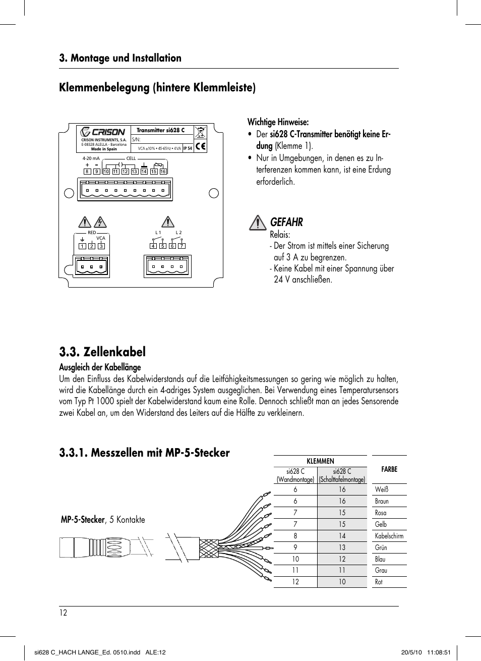 Zellenkabel, Messzellen mit mp-5-stecker, Gefahr | Klemmenbelegung (hintere klemmleiste), Montage und installation | Hach-Lange SI628 C User Manual | Page 40 / 127