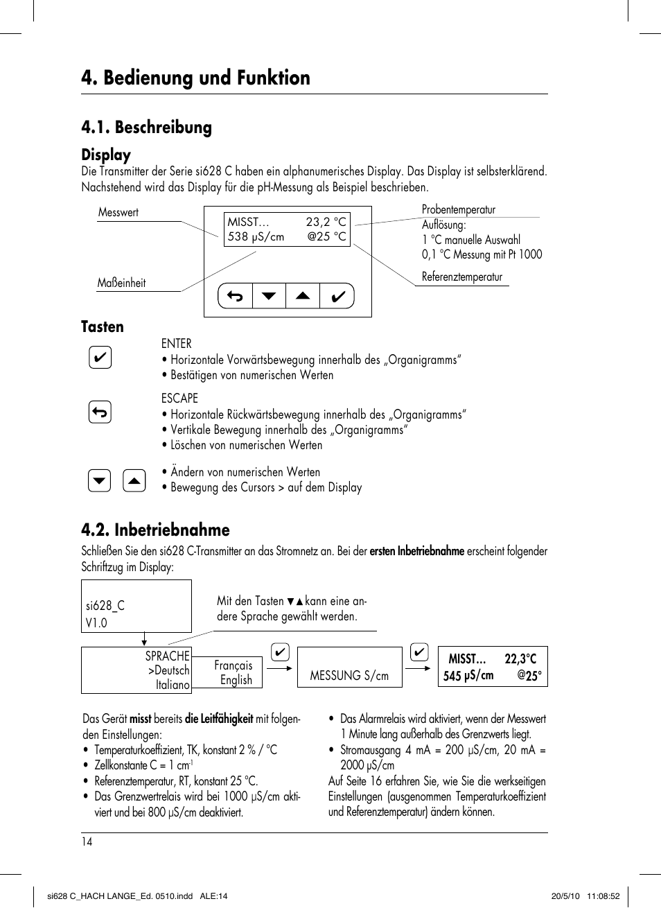 Bedienung und funktion, Beschreibung, Inbetriebnahme | Display, Tasten | Hach-Lange SI628 C User Manual | Page 42 / 127
