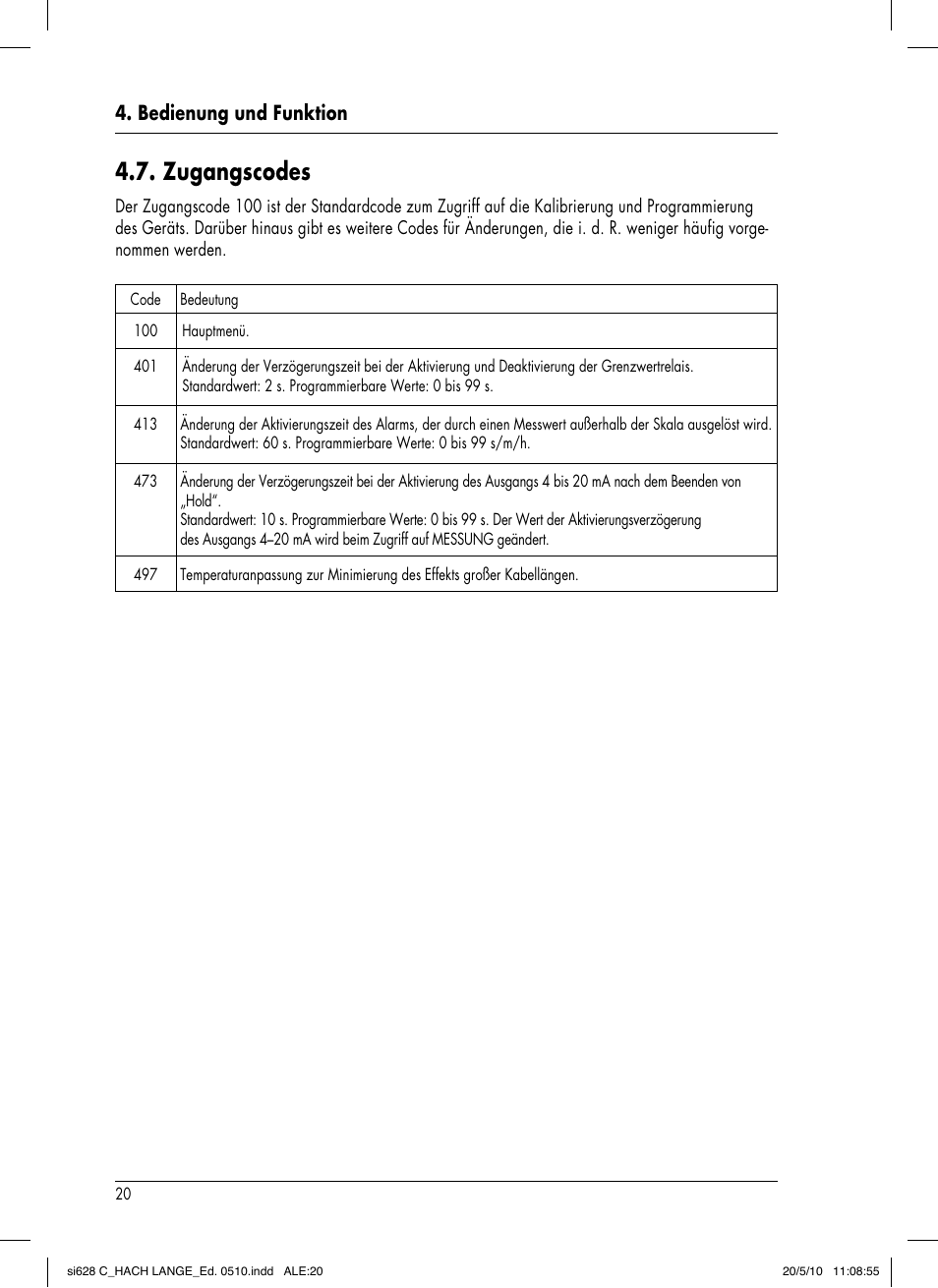 Zugangscodes, Bedienung und funktion | Hach-Lange SI628 C User Manual | Page 48 / 127
