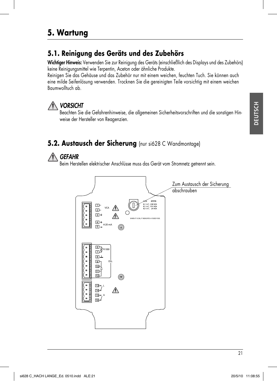 Wartung, Reinigung des geräts und des zubehörs, Austausch der sicherung | Vorsicht, Gefahr, Deutsch, Nur si628 c wandmontage) | Hach-Lange SI628 C User Manual | Page 49 / 127