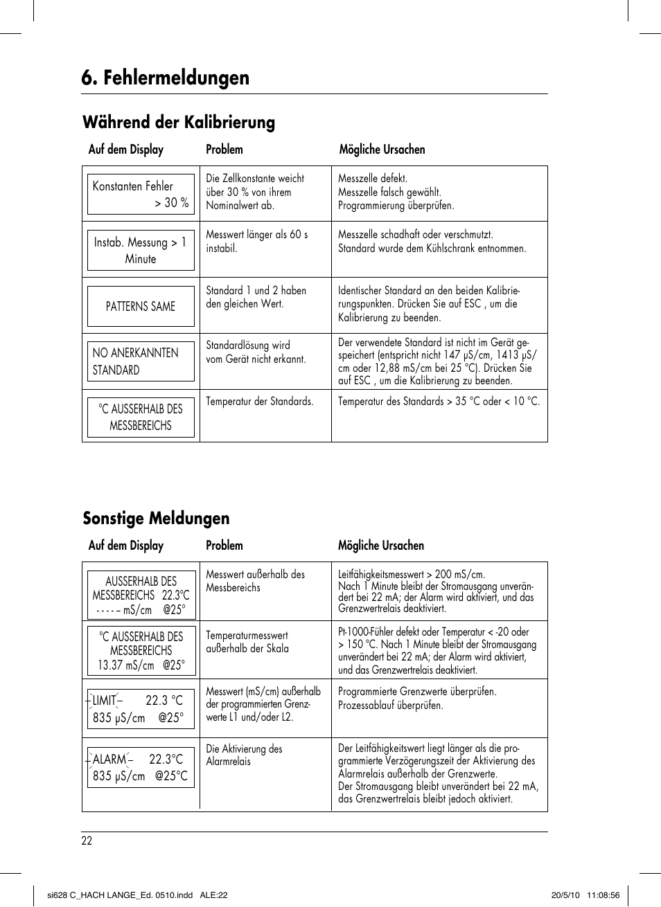 Fehlermeldungen, Während der kalibrierung, Sonstige meldungen | Hach-Lange SI628 C User Manual | Page 50 / 127