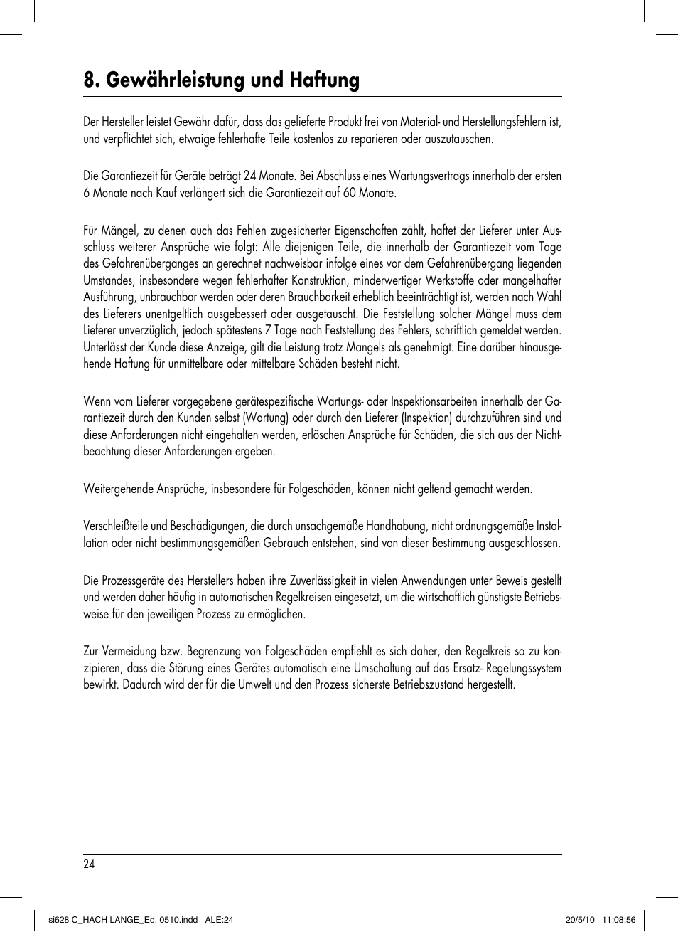 Gewährleistung und haftung | Hach-Lange SI628 C User Manual | Page 52 / 127