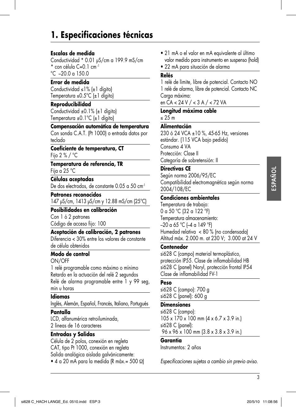 Especificaciones técnicas, Esp añol | Hach-Lange SI628 C User Manual | Page 55 / 127