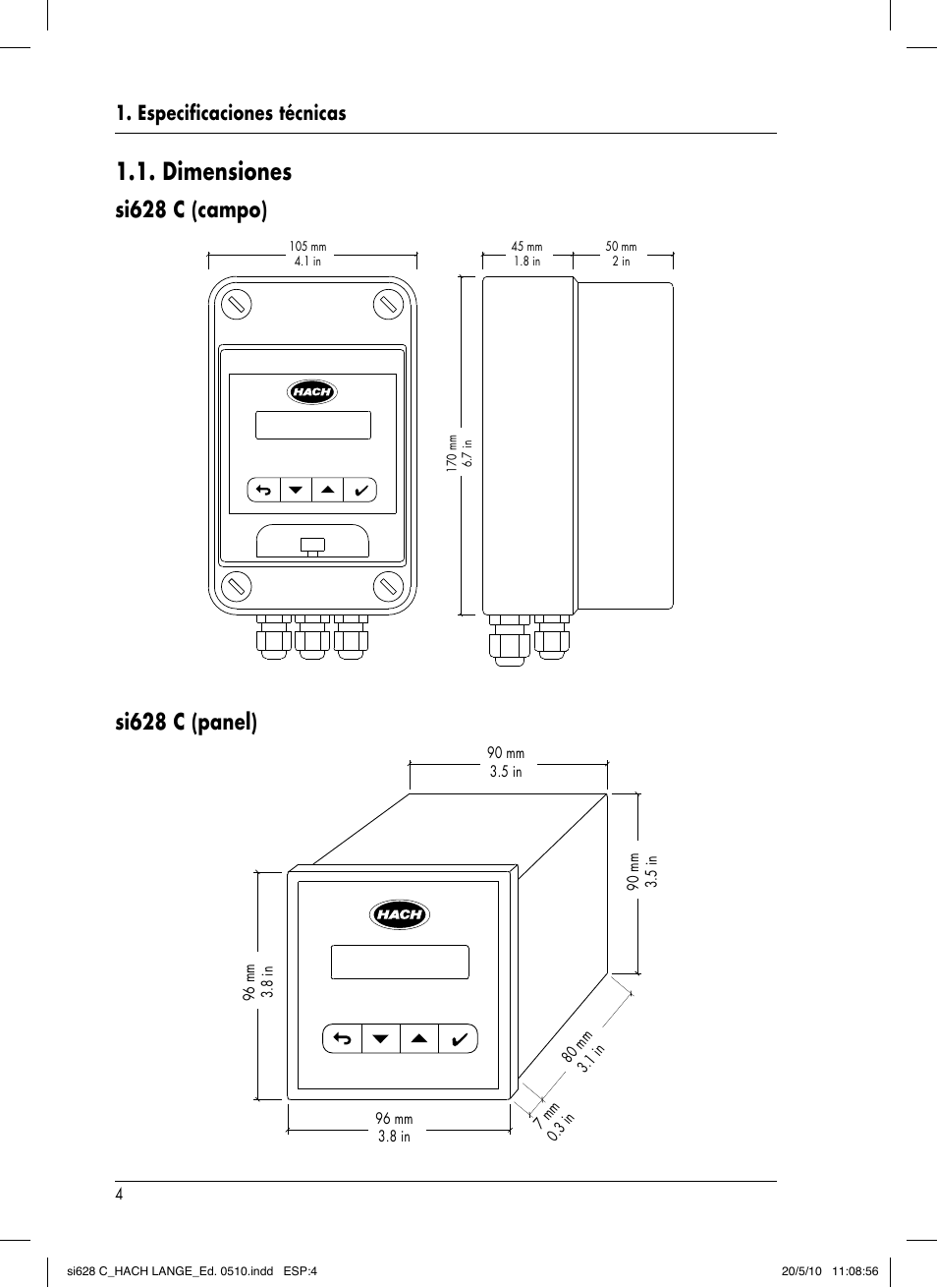 Dimensiones, Especificaciones técnicas | Hach-Lange SI628 C User Manual | Page 56 / 127