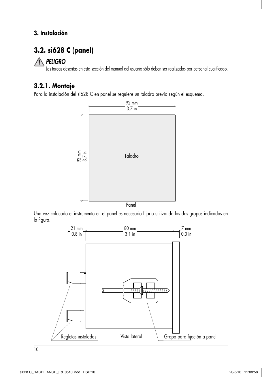 Si628 c (panel), Peligro, Montaje | Hach-Lange SI628 C User Manual | Page 62 / 127
