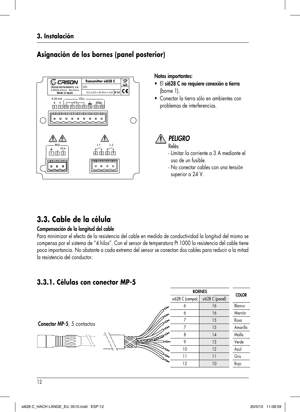 Cable de la célula, Células con conector mp-5, Peligro | Asignación de los bornes (panel posterior), Instalación | Hach-Lange SI628 C User Manual | Page 64 / 127