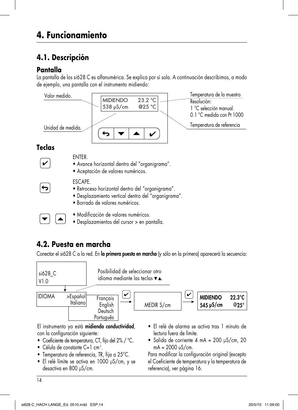 Funcionamiento, Descripción, Puesta en marcha | Pantalla, Teclas | Hach-Lange SI628 C User Manual | Page 66 / 127