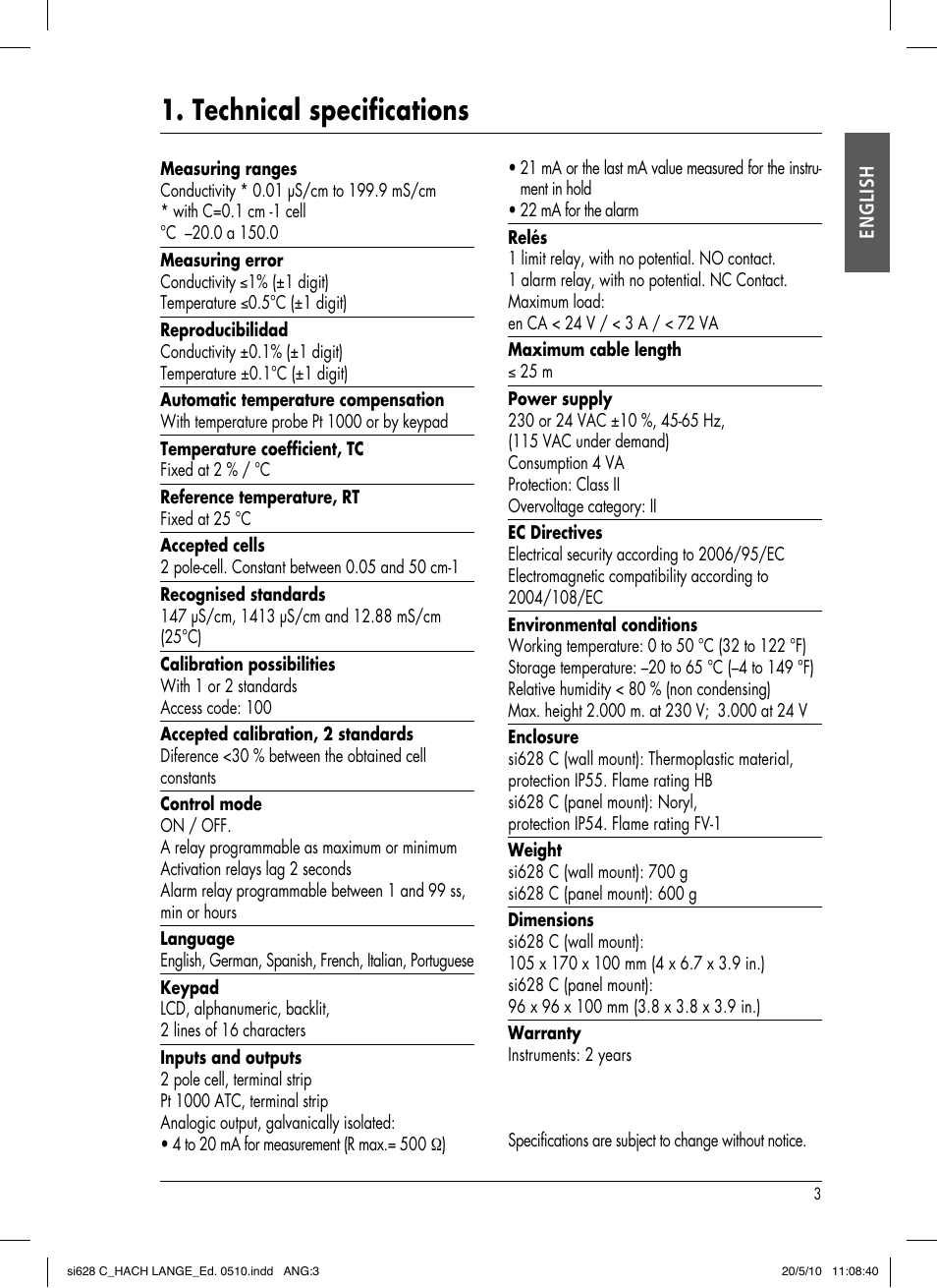 Technical specifications | Hach-Lange SI628 C User Manual | Page 7 / 127