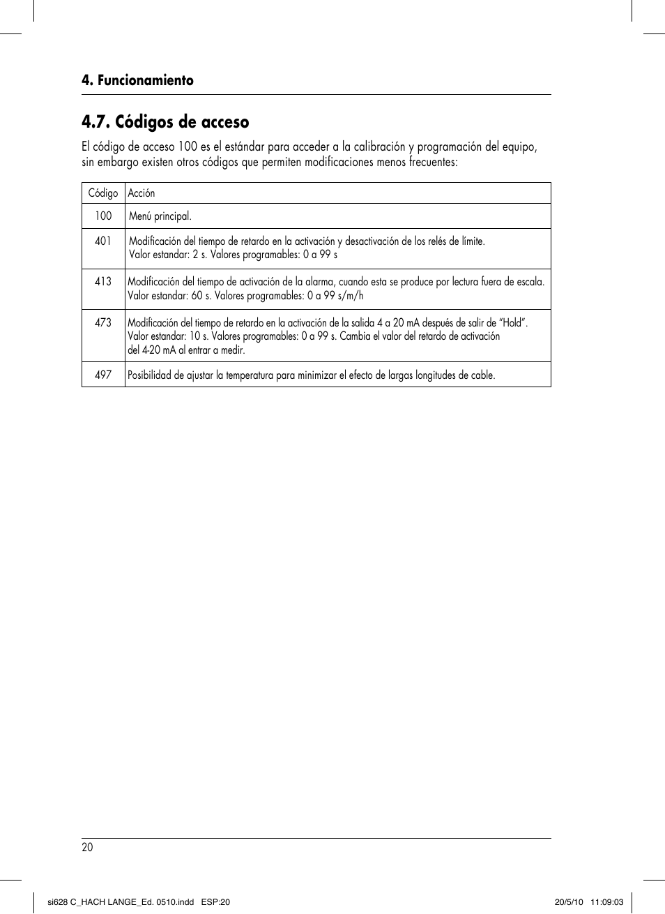 Códigos de acceso, Funcionamiento | Hach-Lange SI628 C User Manual | Page 72 / 127