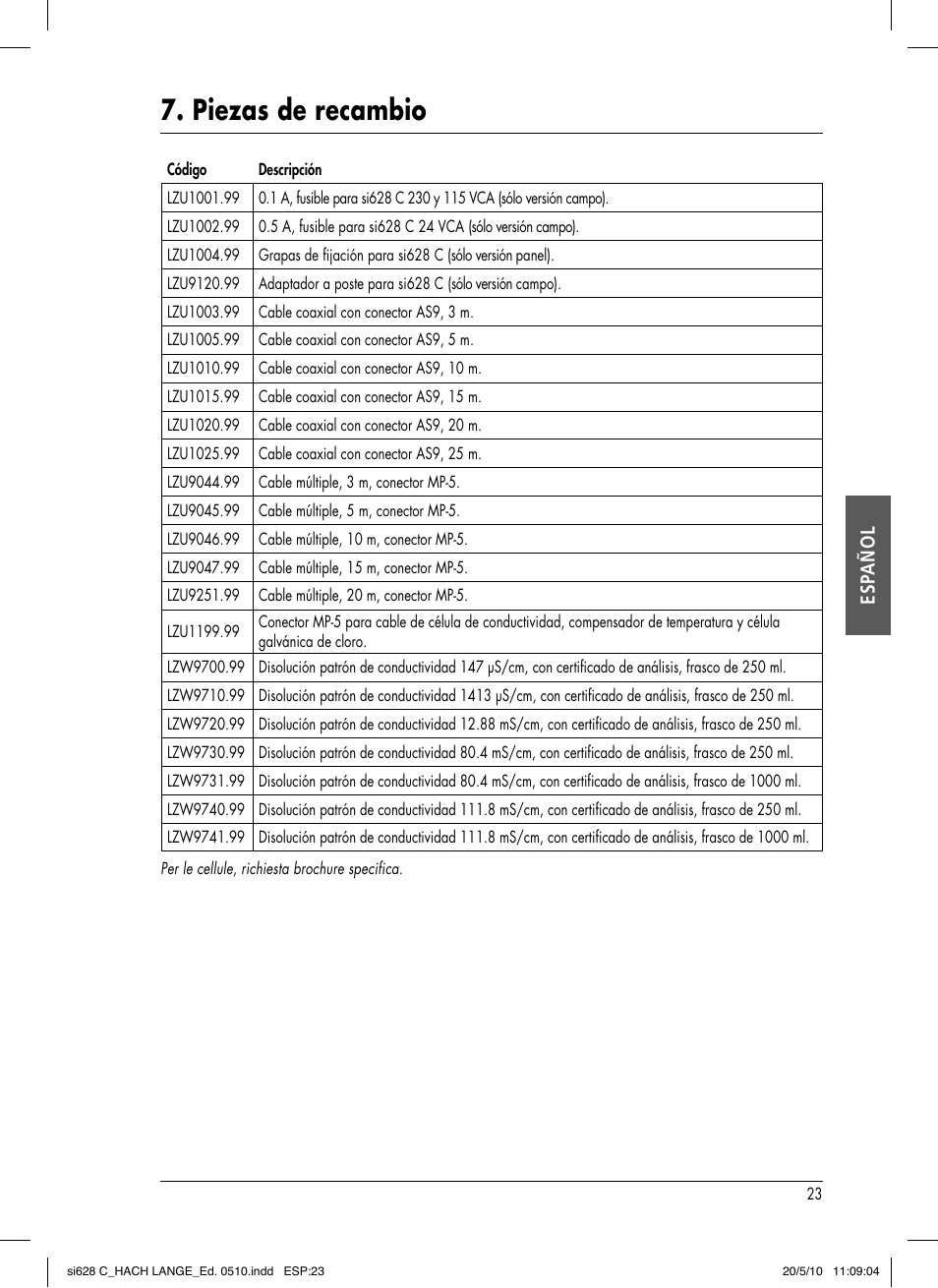 Piezas de recambio, Esp añol | Hach-Lange SI628 C User Manual | Page 75 / 127