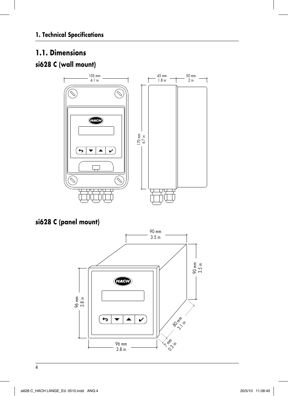 Dimensions, Technical specifications | Hach-Lange SI628 C User Manual | Page 8 / 127