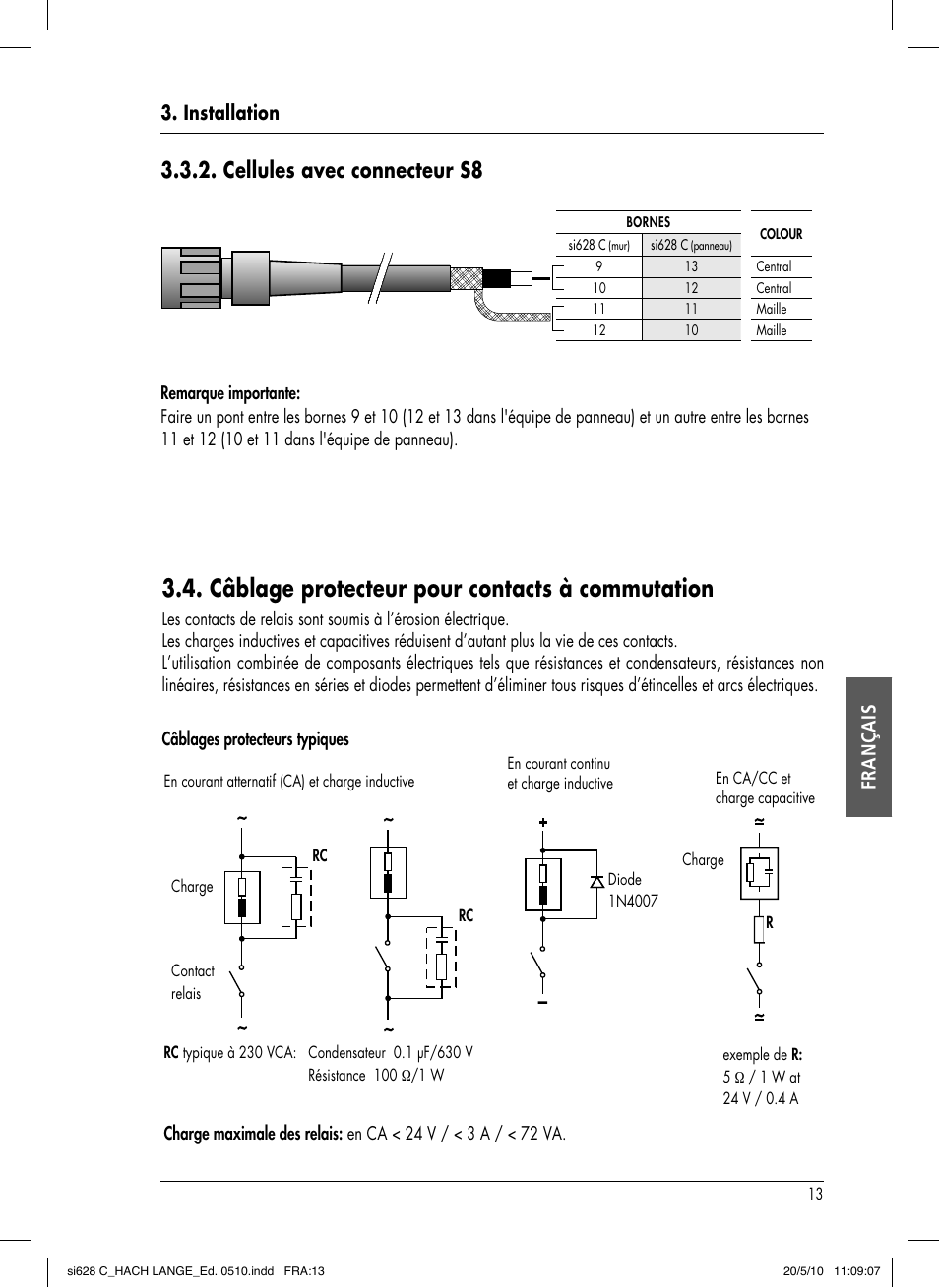 Câblage protecteur pour contacts à commutation, Cellules avec connecteur s8, Installation français | Hach-Lange SI628 C User Manual | Page 89 / 127