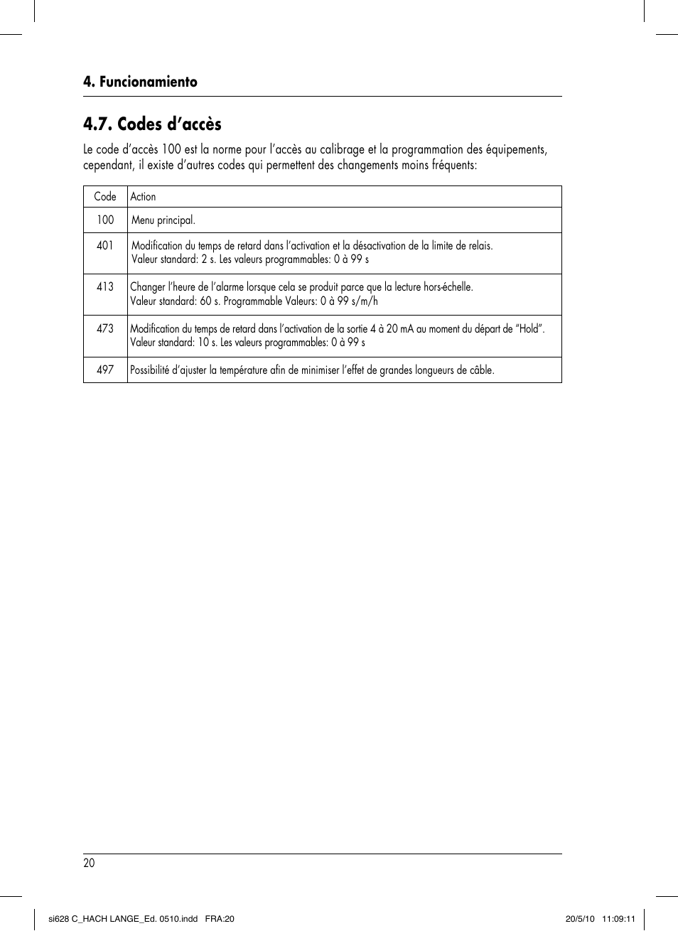 Codes d’accès, Funcionamiento | Hach-Lange SI628 C User Manual | Page 96 / 127