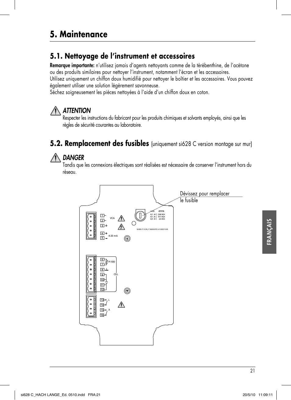 Maintenance, Nettoyage de l’instrument et accessoires, Remplacement des fusibles | Attention, Danger, Français, Uniquement si628 c version montage sur mur) | Hach-Lange SI628 C User Manual | Page 97 / 127