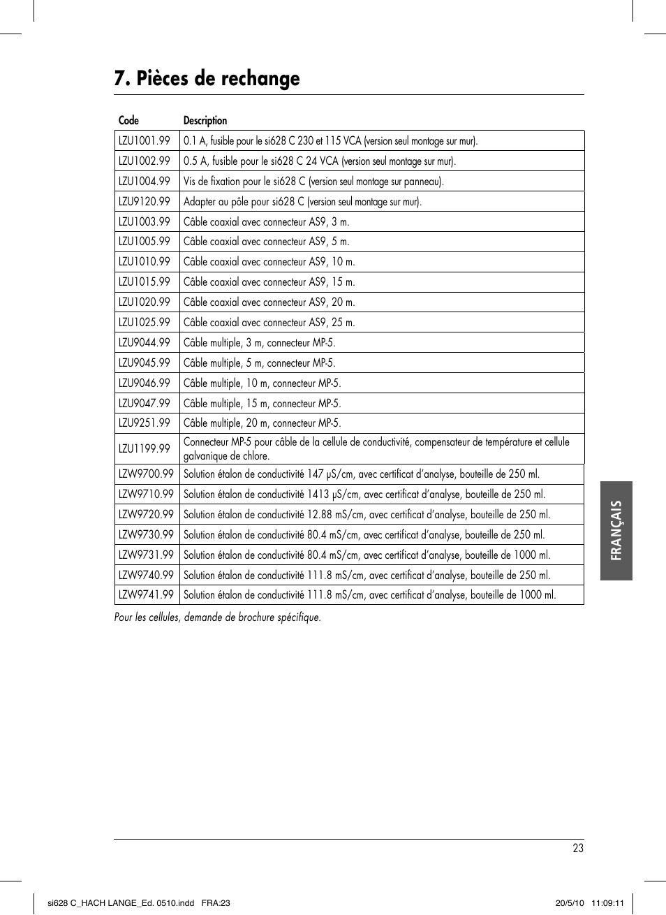 Pièces de rechange, Français | Hach-Lange SI628 C User Manual | Page 99 / 127