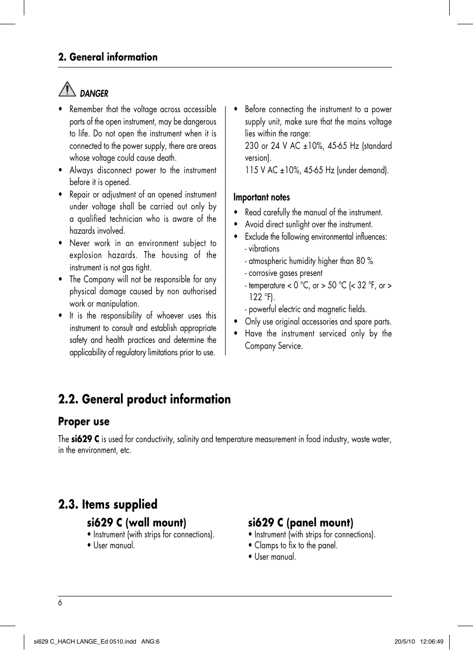 Items supplied, General product information, Si629 c (wall mount) | Si629 c (panel mount), Proper use | Hach-Lange SI629 C User Manual | Page 10 / 157
