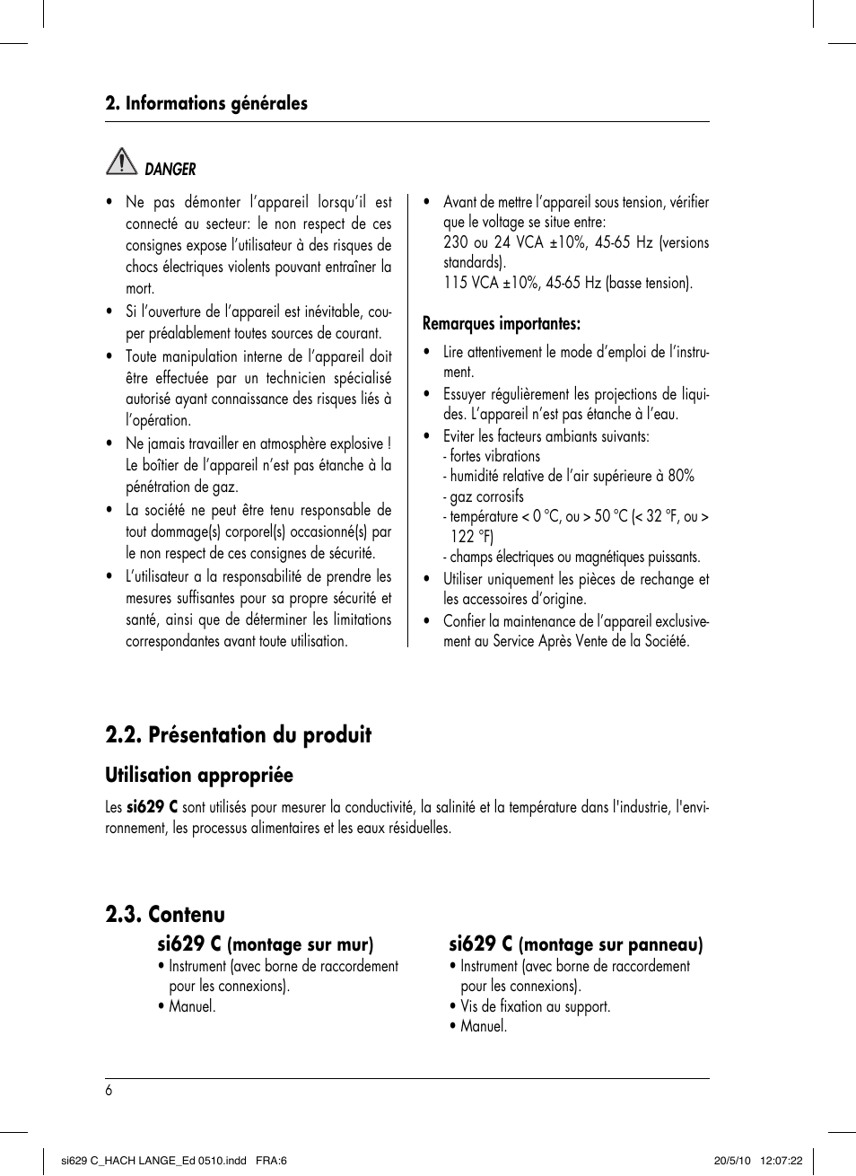 Contenu, Présentation du produit, Si629 c | Utilisation appropriée | Hach-Lange SI629 C User Manual | Page 100 / 157