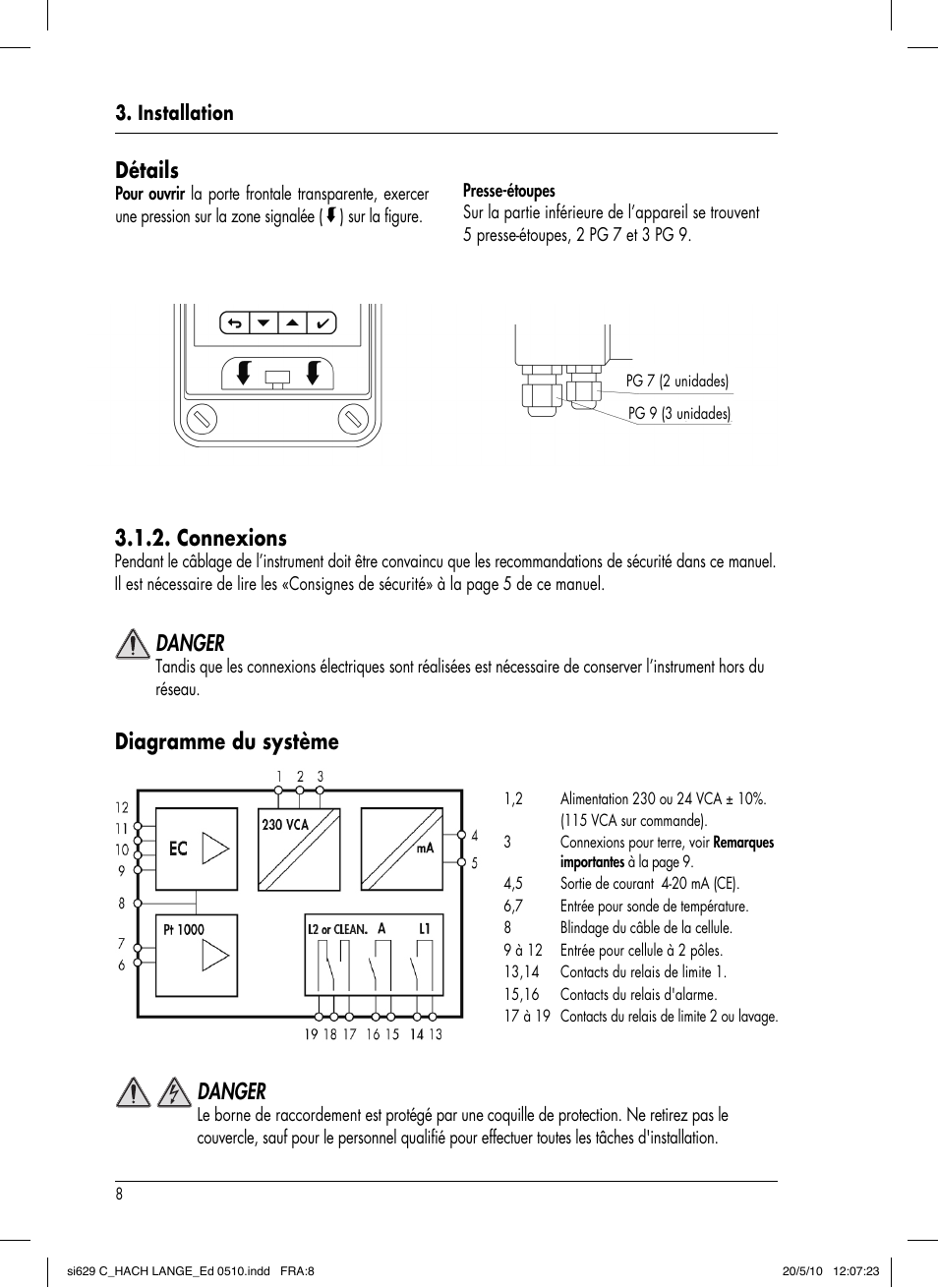Diagramme du système, Connexions, Détails | Danger | Hach-Lange SI629 C User Manual | Page 102 / 157