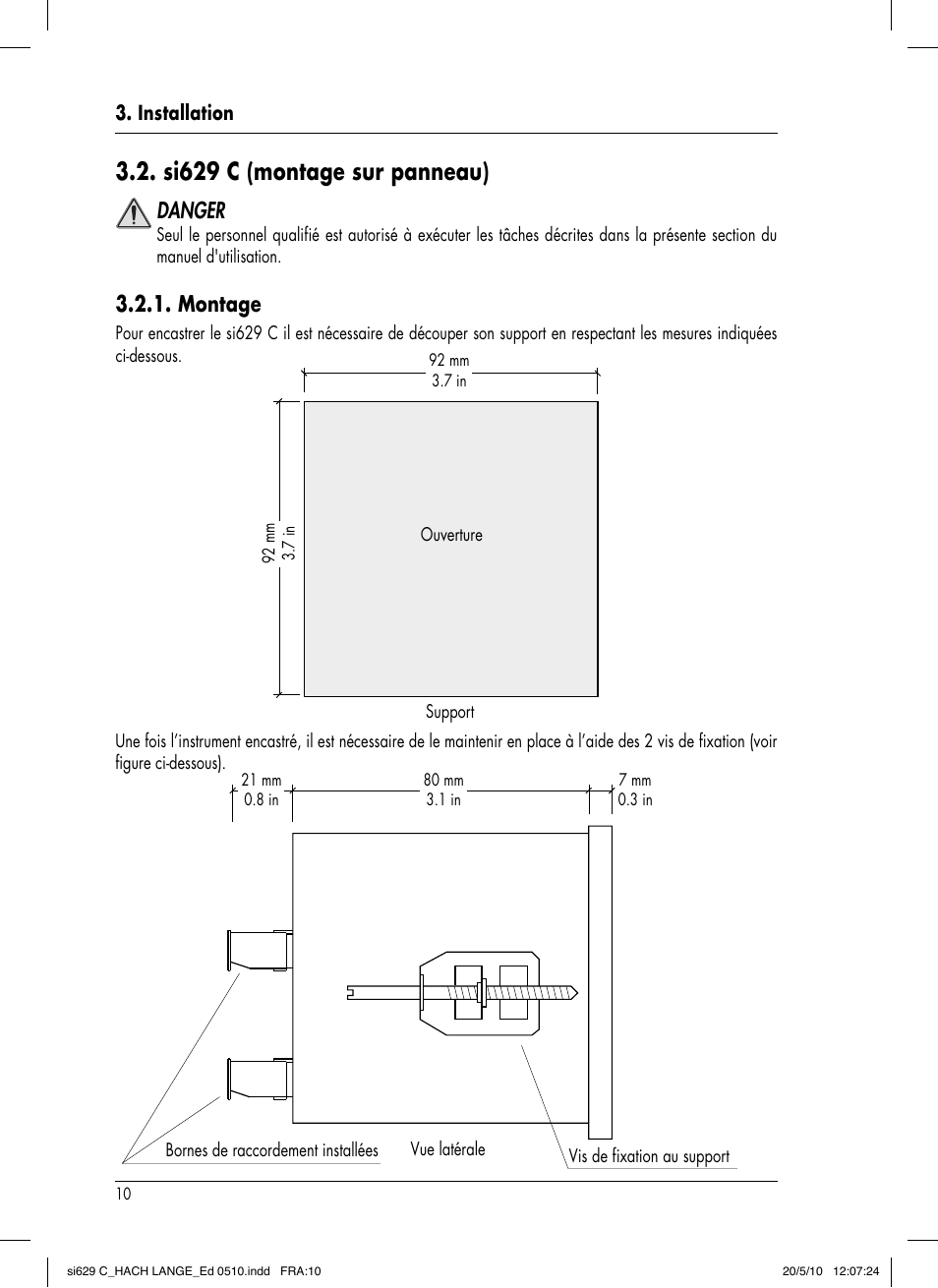 Si629 c (montage sur panneau), Danger, Montage | Hach-Lange SI629 C User Manual | Page 104 / 157