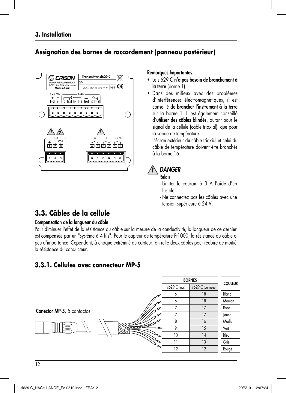 Câbles de la cellule, Danger, Cellules avec connecteur mp-5 | Installation, Remarques importantes, Conector mp-5 , 5 contactos | Hach-Lange SI629 C User Manual | Page 106 / 157