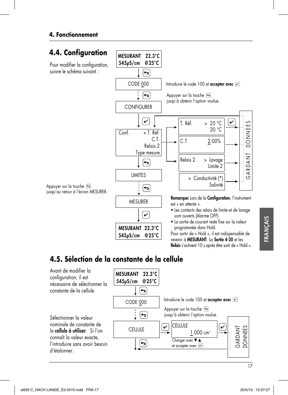 Configuration, Sélection de la constante de la cellule, Fonctionnement français | Hach-Lange SI629 C User Manual | Page 111 / 157