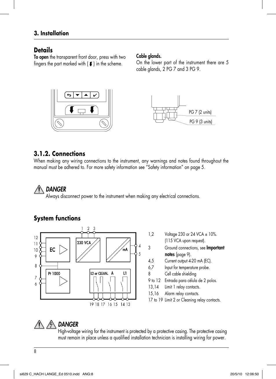 System functions, Danger, Connections | Details | Hach-Lange SI629 C User Manual | Page 12 / 157