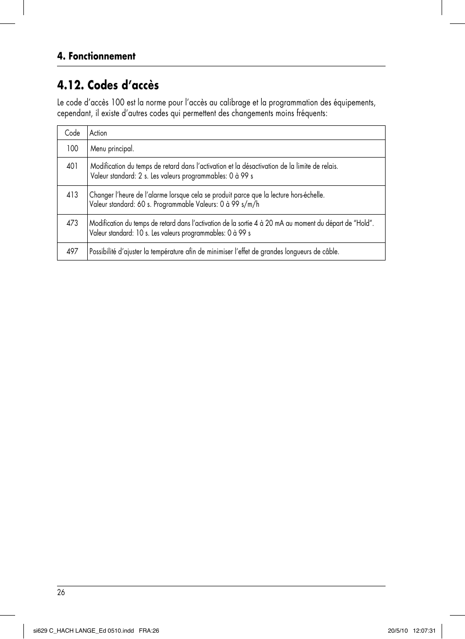 Codes d’accès, Fonctionnement | Hach-Lange SI629 C User Manual | Page 120 / 157