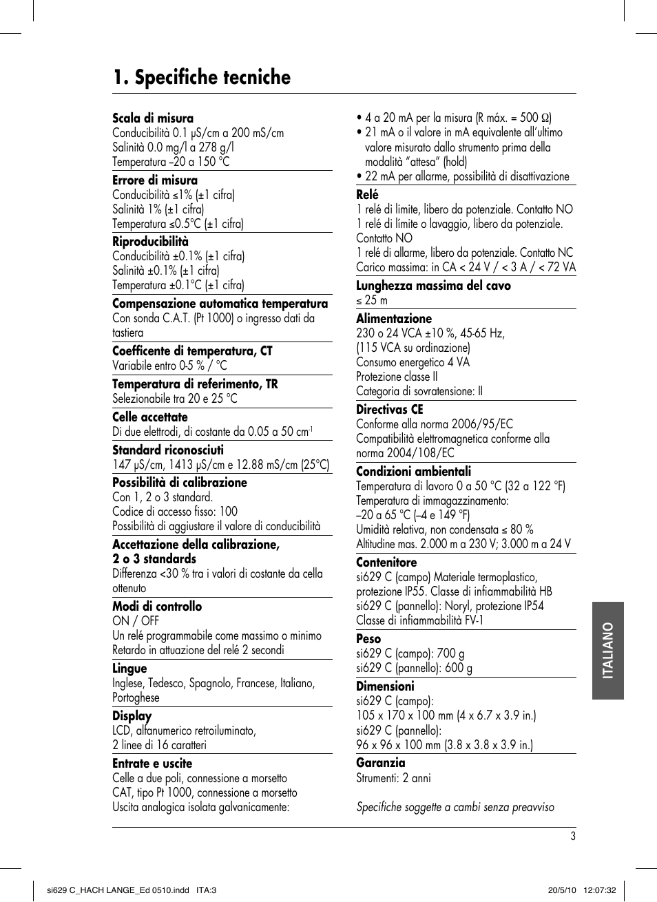 Specifiche tecniche | Hach-Lange SI629 C User Manual | Page 127 / 157
