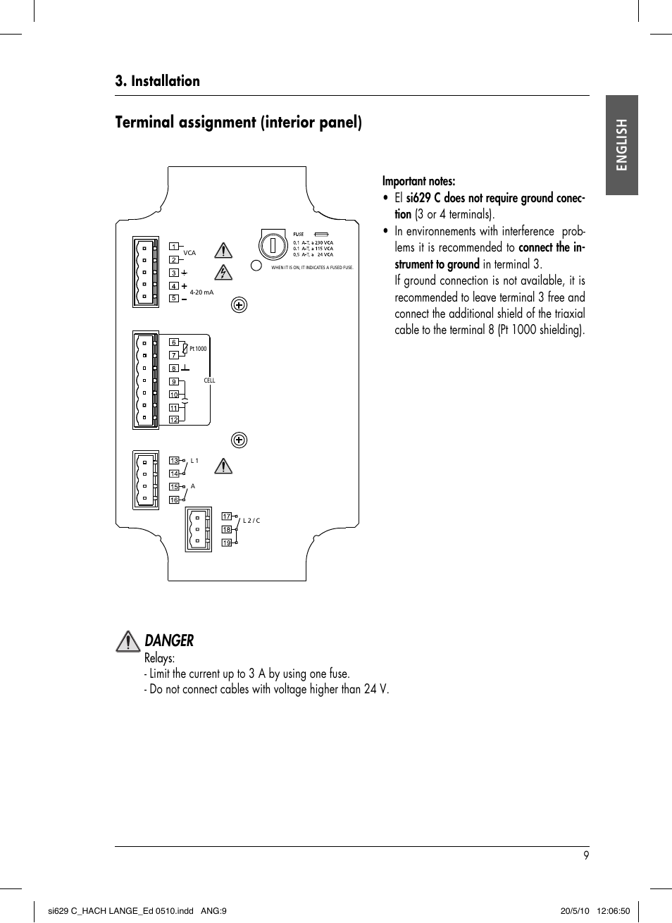 Terminal assignment (interior panel), Danger, Installation english | Hach-Lange SI629 C User Manual | Page 13 / 157