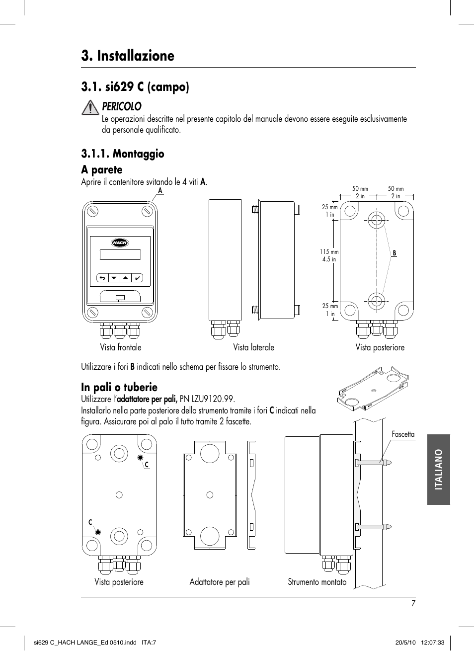 Installazione, Si629 c (campo), Pericolo | Montaggio a parete, It aliano | Hach-Lange SI629 C User Manual | Page 131 / 157